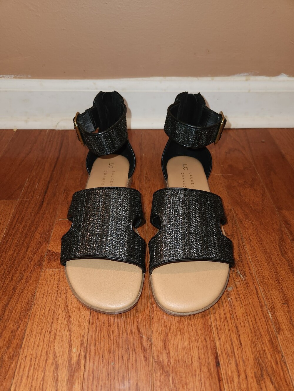 LC Lauren Conrad Black Textured Ankle-Strap Sandals